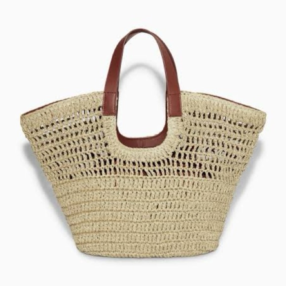 Woven Straw Tote Bag with Brown Handles